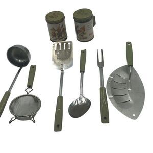 Vintage Chromium Plated Ekco USA Kitchen Utensil Lot Avocado Green Campbells S&P